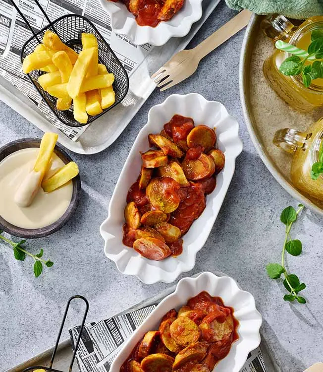 Currywurst mit Ponzu-Mayo und Chilisauce