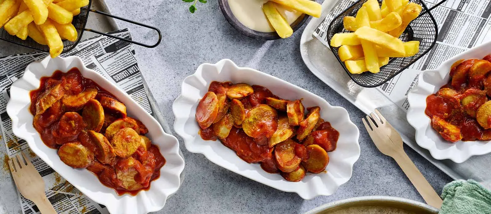Currywurst mit Ponzu-Mayo und Chilisauce
