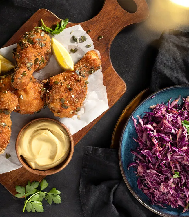 Backhendl mit Rotkraut-Apfel-Salat und Zitronen-Mayonnaise
